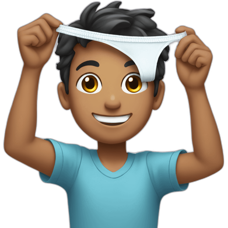 A boy holding up a pair of women's underwear with a smile emoji