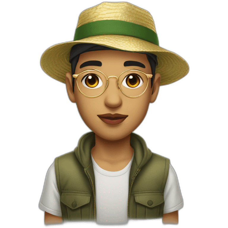 young algerian guy with big pink lips and thin gold transparent glasses, wearing fishing hat with a scar on left cheek emoji