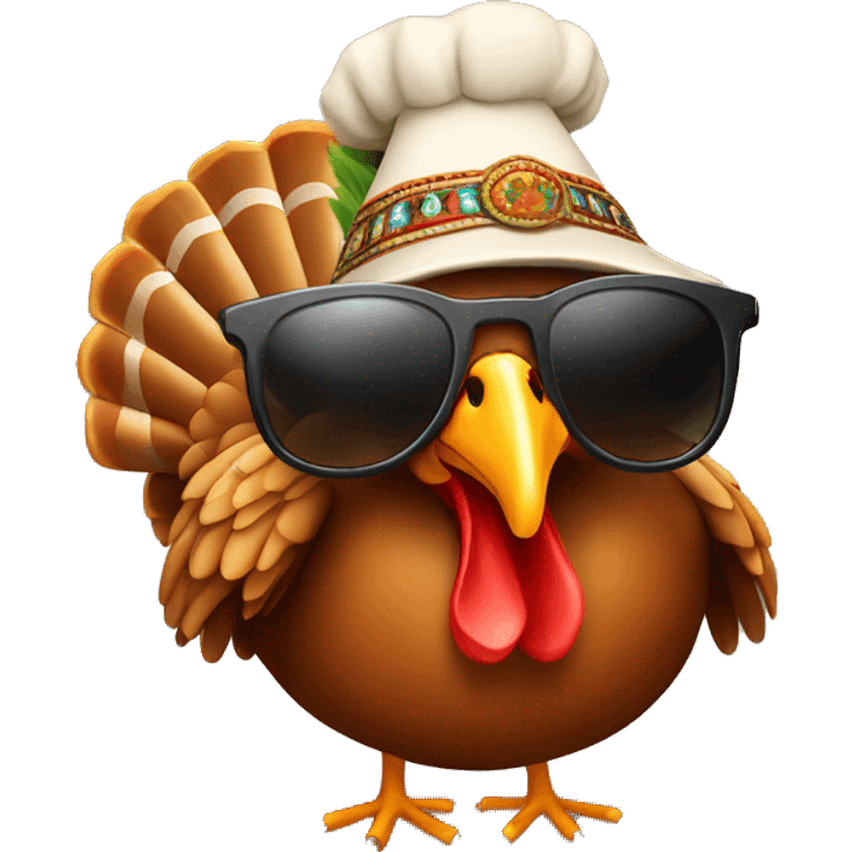 Cooking turkey with sunglasses and indian hat emoji