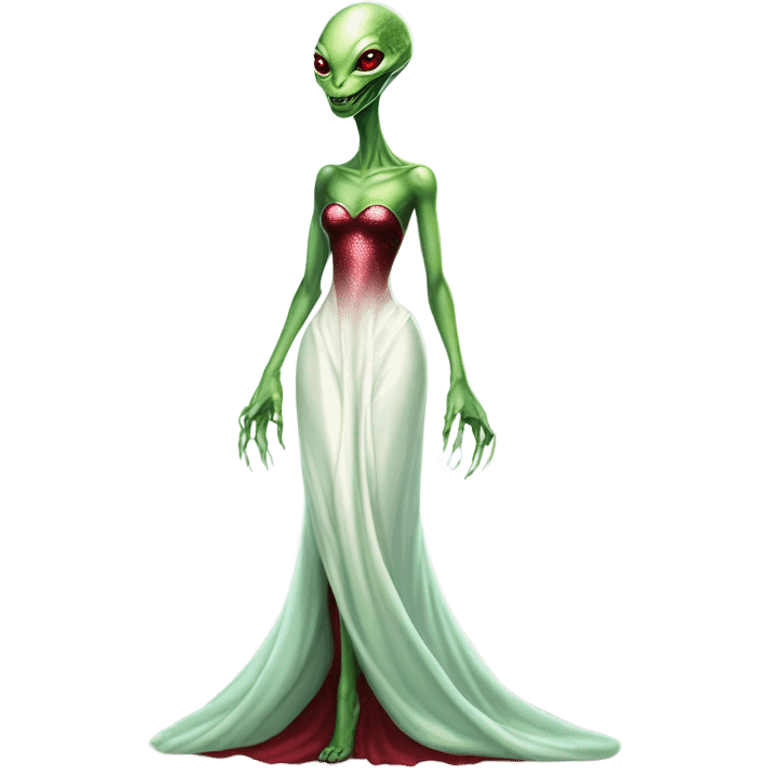 reptilian green alien woman, in long slim pastel color:#FFFFFF formal party satin dress with gradient shiny sparkling dark red, full figure, full body emoji