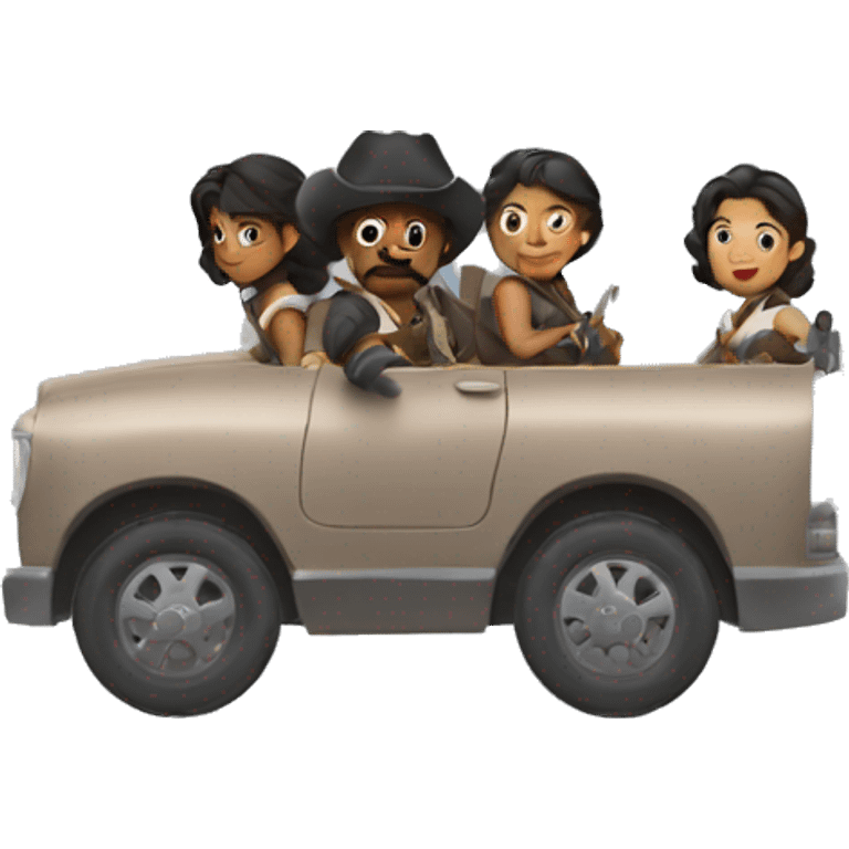 6 musketeers driving a semi, no weapons, racial mix, male & female emoji