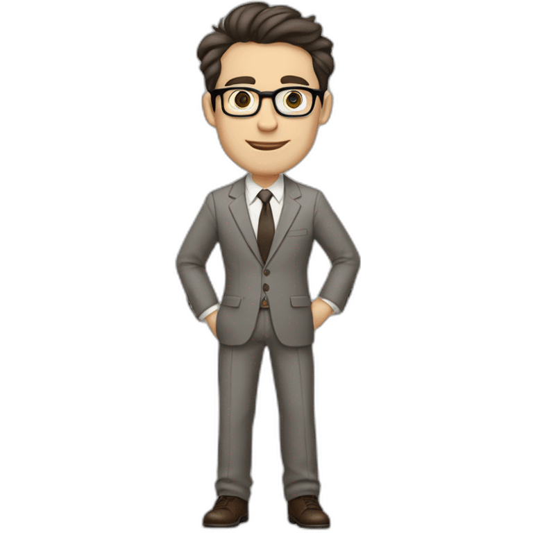 Full height Pale skinned Fit Man With dark brown hair in classic gray suit, beige office shirt, dark gray tie, and vintage glasses. His hands lock emoji