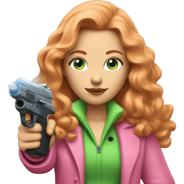 Women with reddish blonde long hair with light green eyes and a pink fluffy coat pointing a laser gun emoji