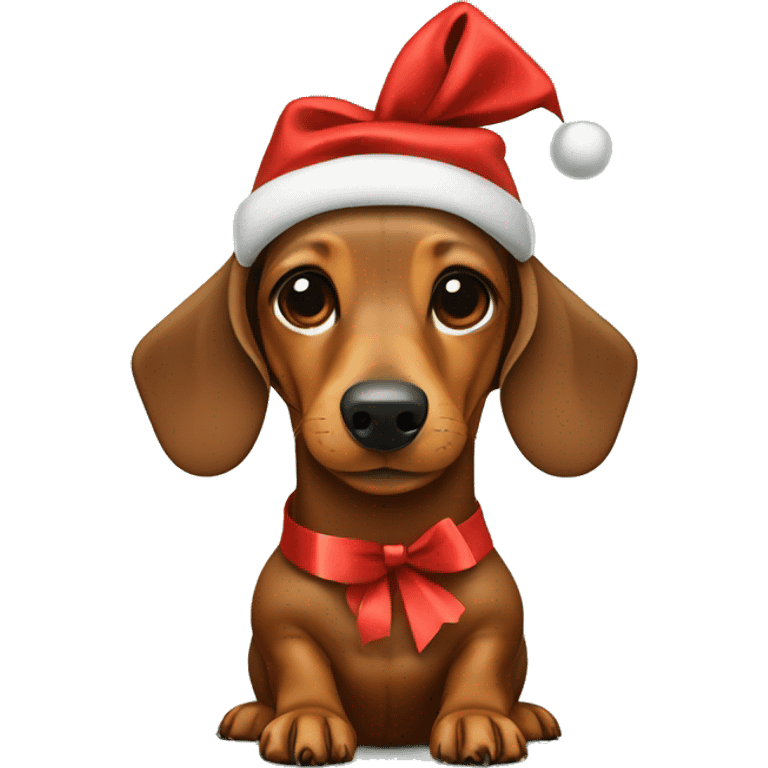 Brown Dachshund wrapped in holiday paper with red bow on head emoji