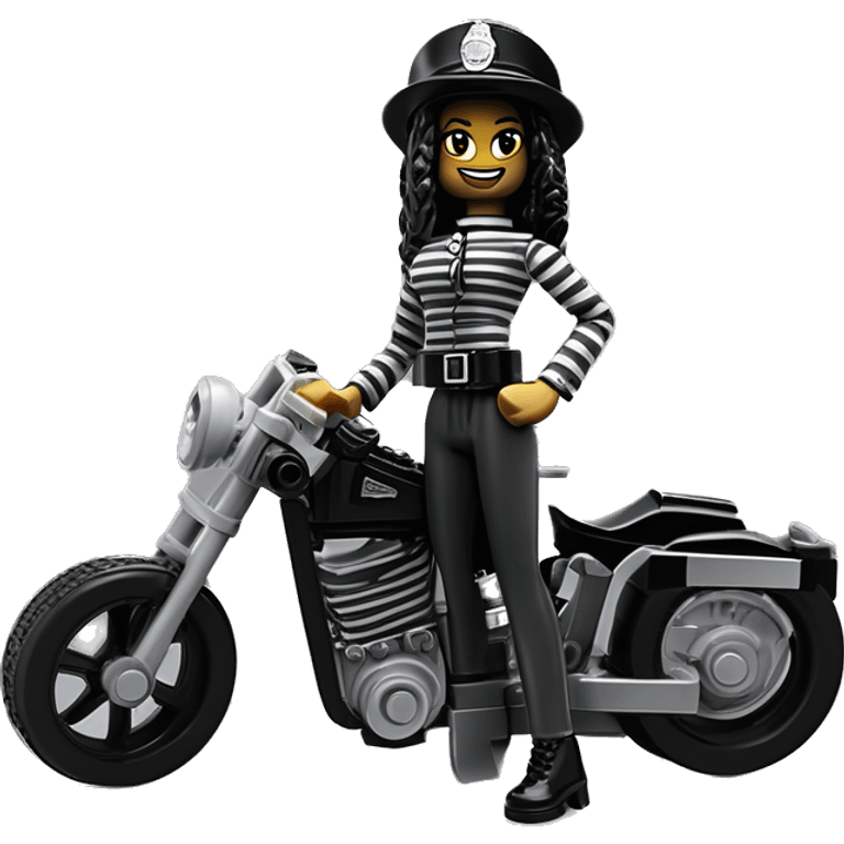 Lego, Jeffery New York Evening Gown Barbie, Wednesday Addams from academy, in vertically-striped dark-gray and black London police officer’s uniform with hat. Leaning back at the hips, riding a wheelie on a hot rod bike smiling  emoji