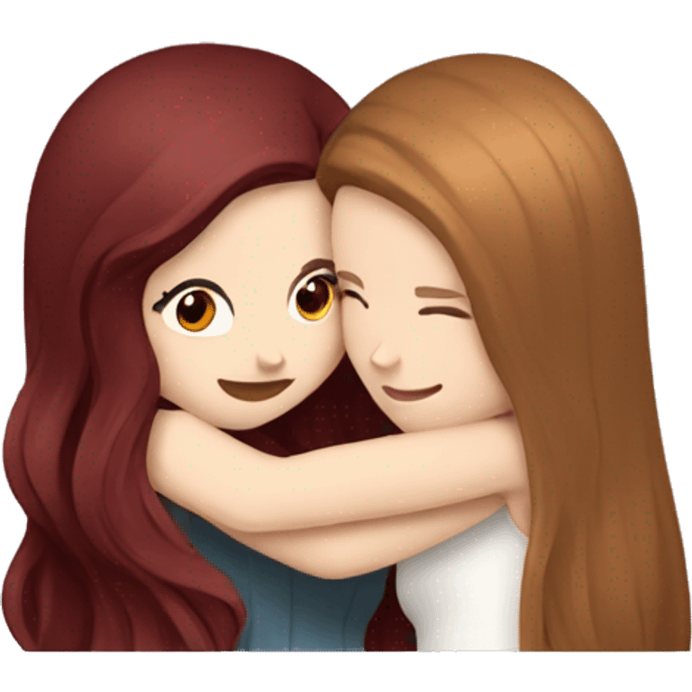 white girl with brown hair hugging white girl with long burgundy hair emoji