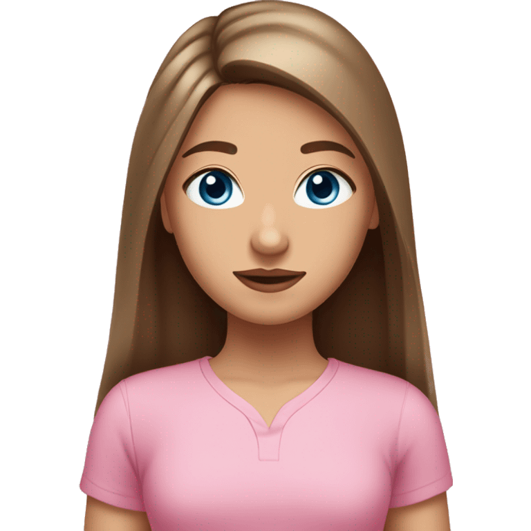 A girl with grey blue eyes, and long brown straight hair, and a middle part, and pink shirt, and medium fair skin emoji