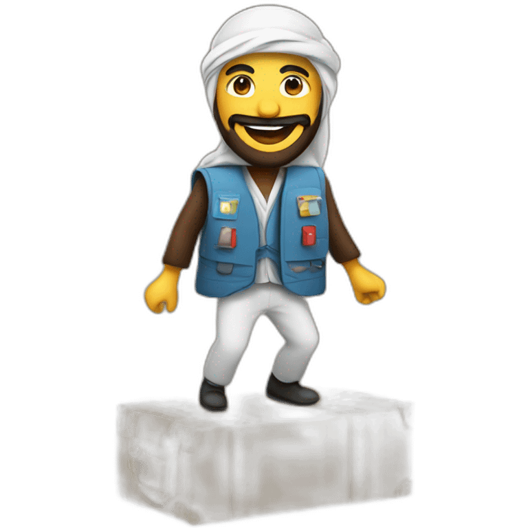 arab with a beard in a squared cardboard vest dancing on top of a plane emoji