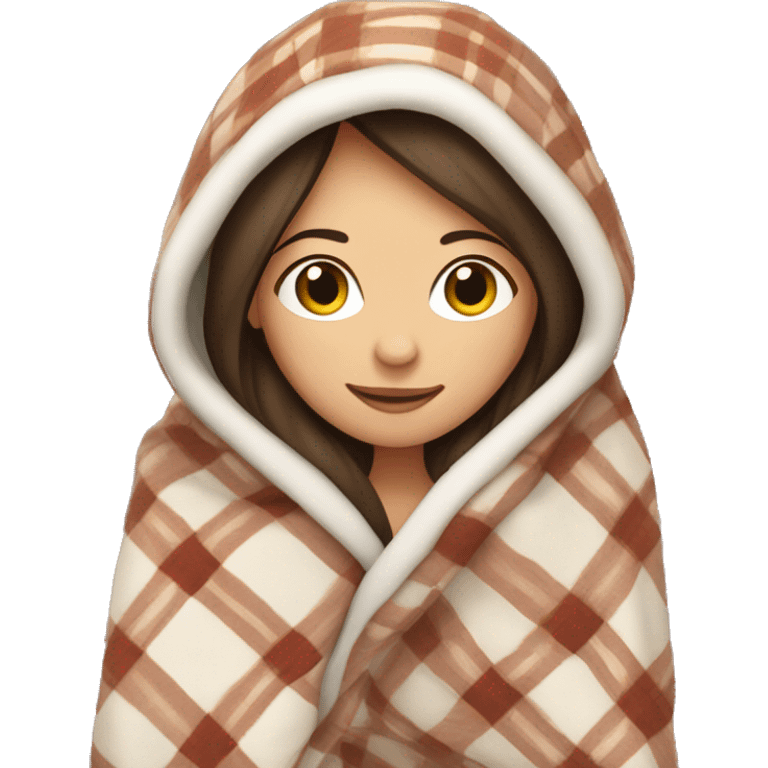 Brunette caucasian woman cuddled in a big plaid blanket emoji