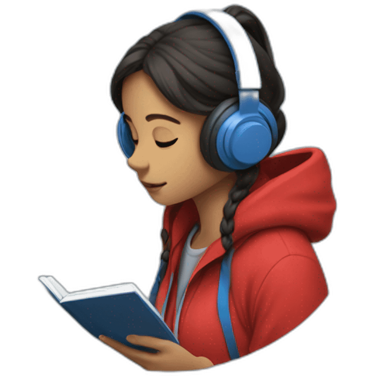 Lo-fi girl studing headphones, blue jacket, red hoodie emoji