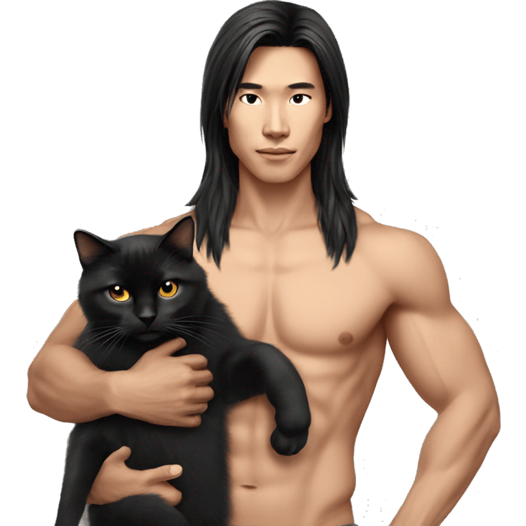 Model Long hair Asian man with abs holding black cat emoji