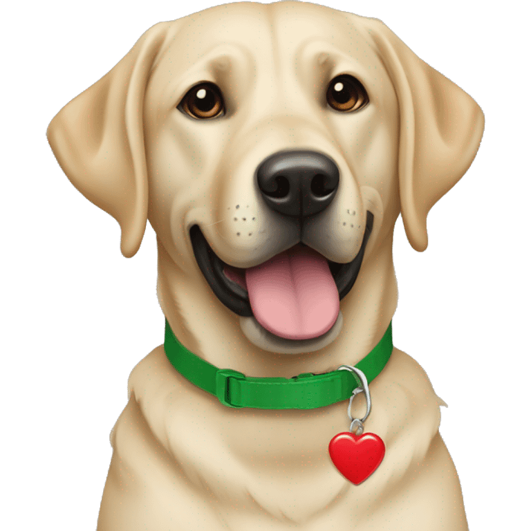 Black lab wearing green collar with red heart dog tag  emoji