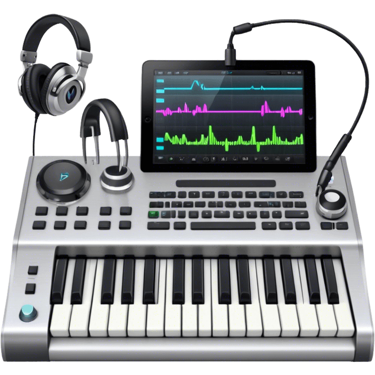 Create a professional and artistic emoji that represents writing music tracks. The design should feature a digital audio workstation (DAW) screen with visible waveforms, a MIDI keyboard, and a high-quality microphone to symbolize the tools used in music production. Add elements like studio headphones and an audio interface to reflect the technical aspects of creating a track. Use sleek, modern colors like silver, black, and neon accents to convey the professional environment of music composition. The background should be transparent. emoji