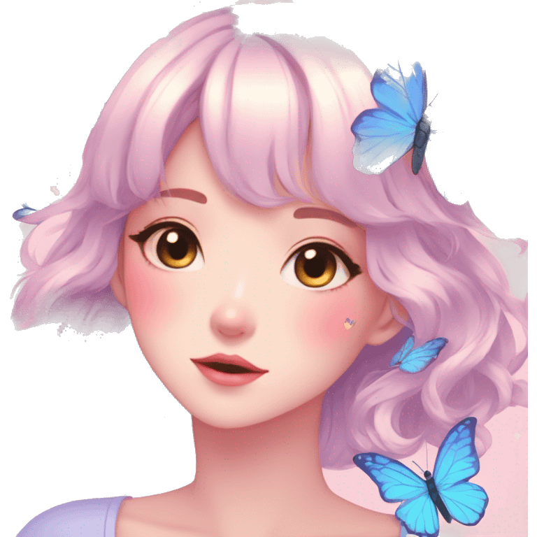 Gorgeous pastel anime style lady with blushing face and butterflies aesthetic trending style emoji