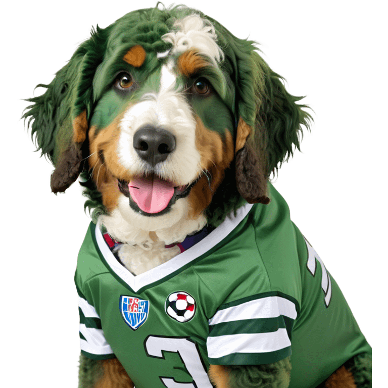 Bernedoodle wearing a football jersey emoji