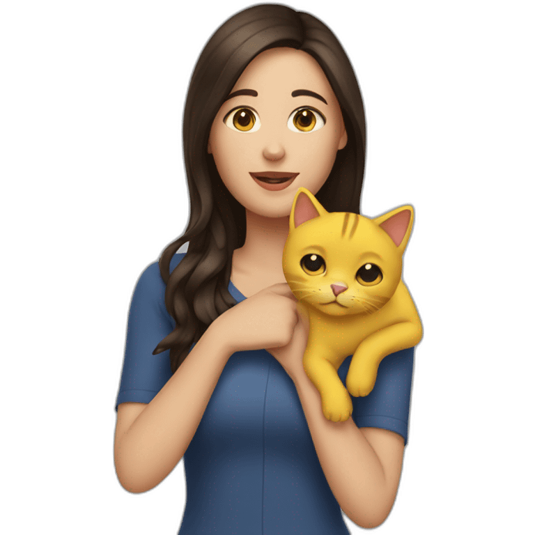 brunette woman holding yellow cat emoji