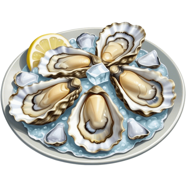 Cinematic fresh oysters on the half-shell, glistening with seawater, served with lemon wedges and ice, soft glowing highlights, elegant and luxurious. emoji