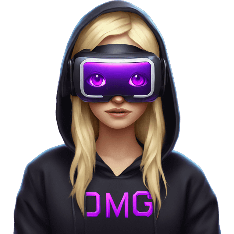 Russian cute blond girl wearing black hoody with violet letters "OMG", in vr headset. Cyberpunk style. Violet neon. emoji