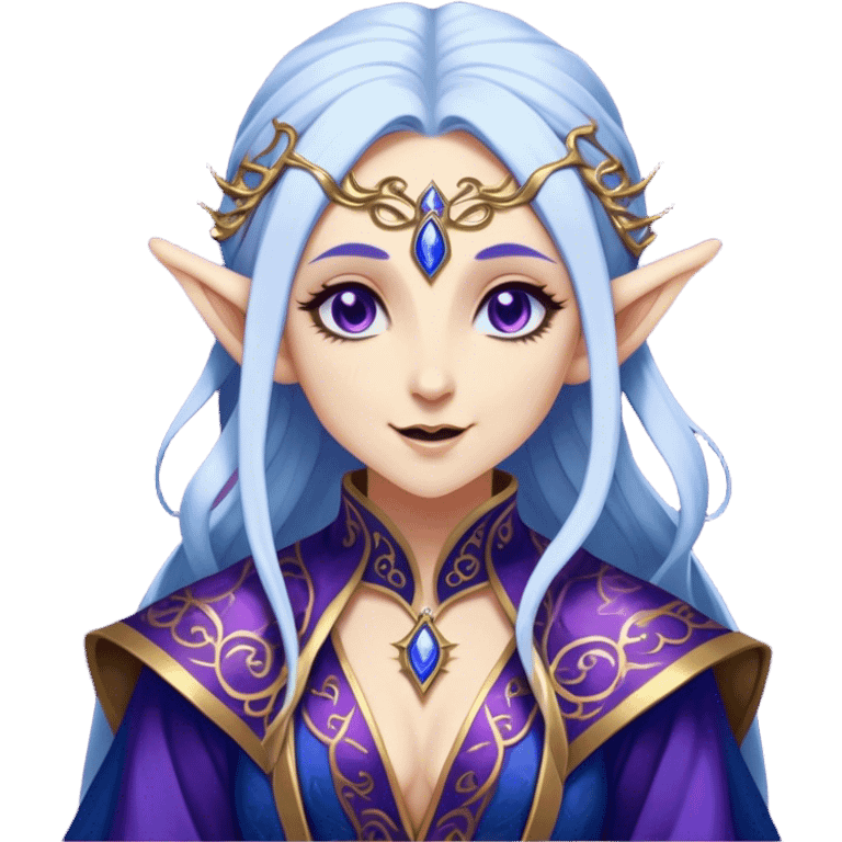 Cinematic Realistic WoW Elf Mage Portrait, head tilted dramatically with an exaggeratedly amused expression, blending timeless arcane wisdom with a touch of unexpected playfulness. Her luminous, porcelain-like skin and delicate features, complemented by an intricately detailed robe in deep blues and purples with golden filigree, are rendered with lifelike texture and dynamic magical lighting, high shine, dramatic yet whimsical, capturing the essence of an elven mage whose epic mastery is tinged with charming irreverence. emoji