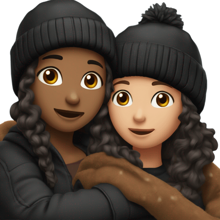 2 womenbest friend, one of them is brown  wavy hair in black winter cap, and the other one is black straight hair in black winter cap, hug emoji