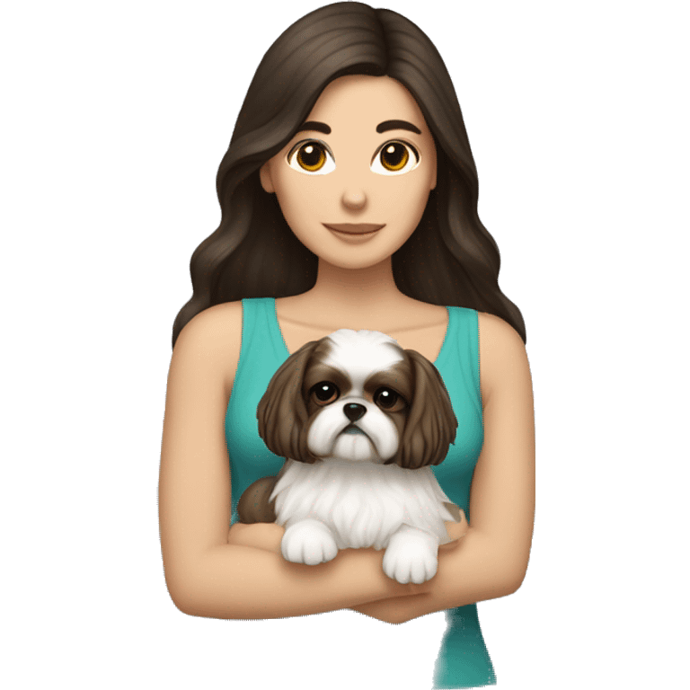 Young dark brunette hair woman with a golden shih tzu in her arms long hair emoji