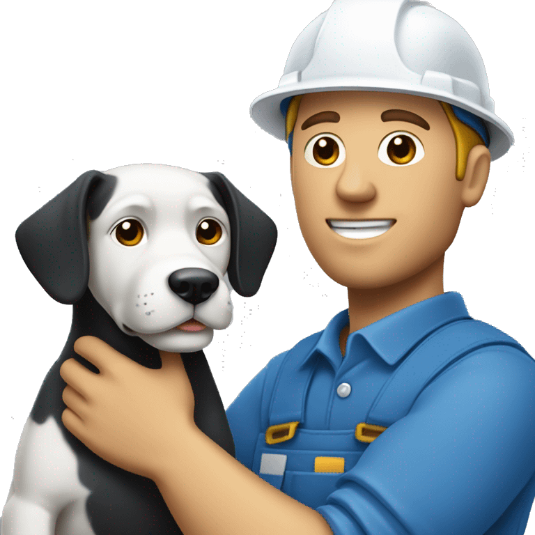 Bold white male construction worker wearing a hat and blue work wear Holding a little black dog on his arm emoji