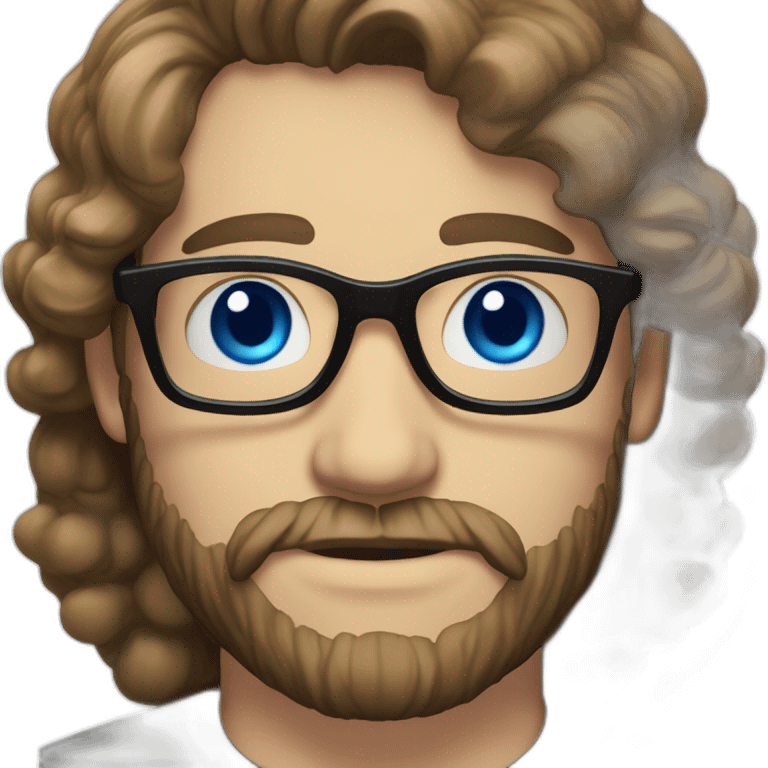 White man with blue eyes and dark brown hair, styled sideways backwards. He has a beard and mustache trimmed and wears a black t-shirt and vintage glasses. emoji