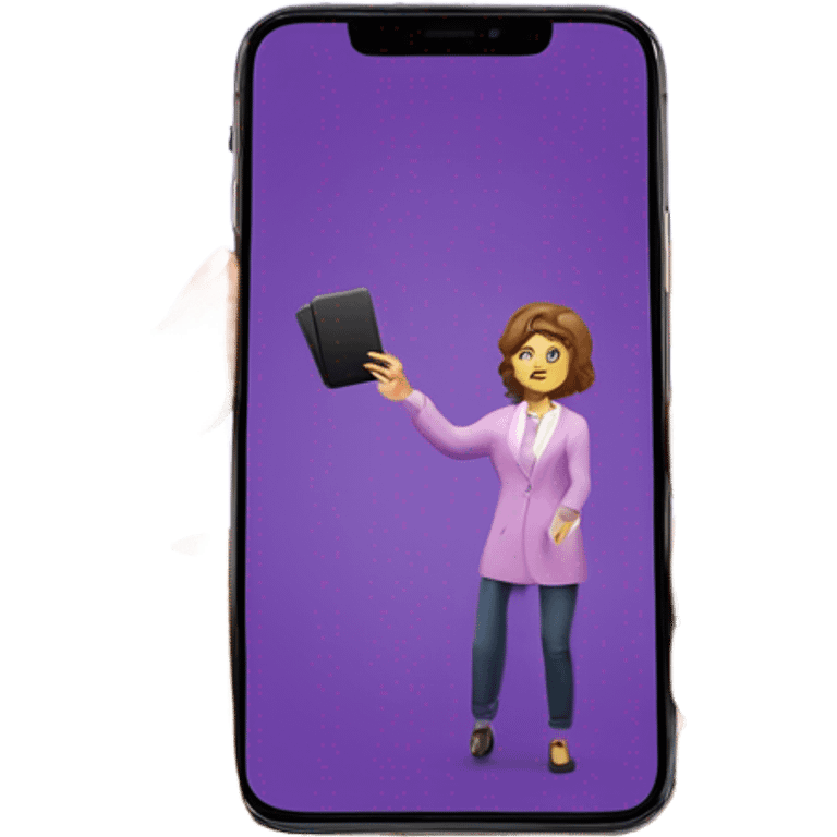 Purple iPhone 14 Pro Max dropping out of Caucasian lady’s left hand emoji