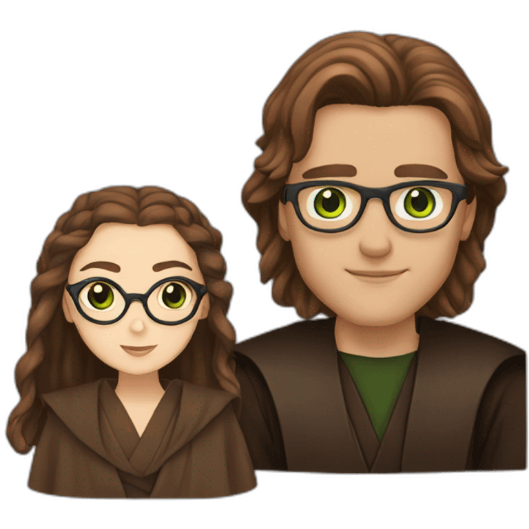 anakin with glasses and padme with green eyes, long brown hair emoji