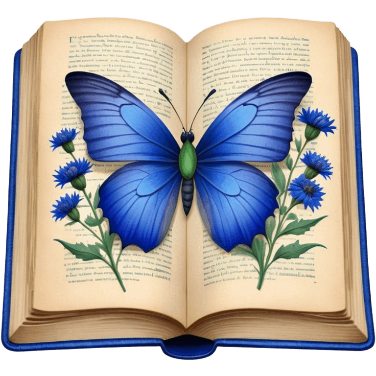 A vintage book with a worn blue cover, open to reveal pressed blue cornflowers and a resting green butterfly. emoji