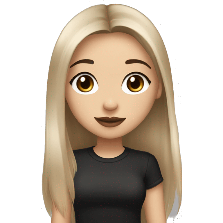 Slavic girl, light skin, long eye lashes, pink beige lipstick, brown eyes, long black-to-blonde ombre straight hair, black T-shirt, chibi, smiling. emoji