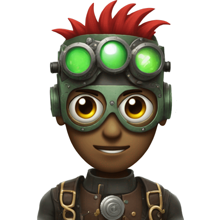 Male cyborg with thin red Mohawk and green steampunk goggles emoji