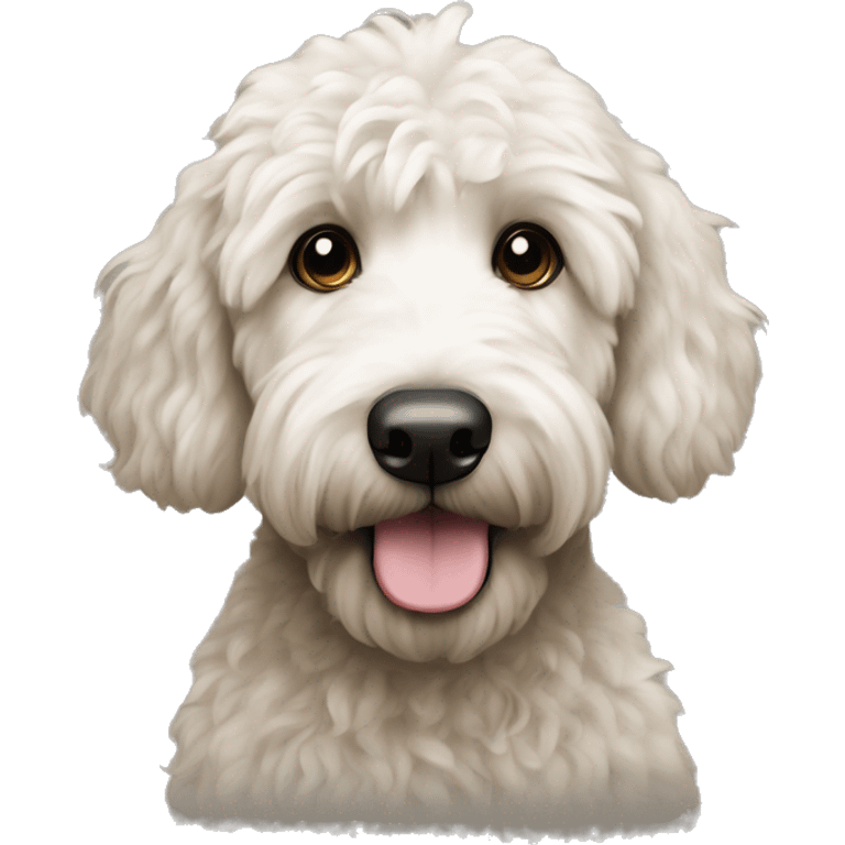 Black golden doodle with a white belly and dark eyes emoji