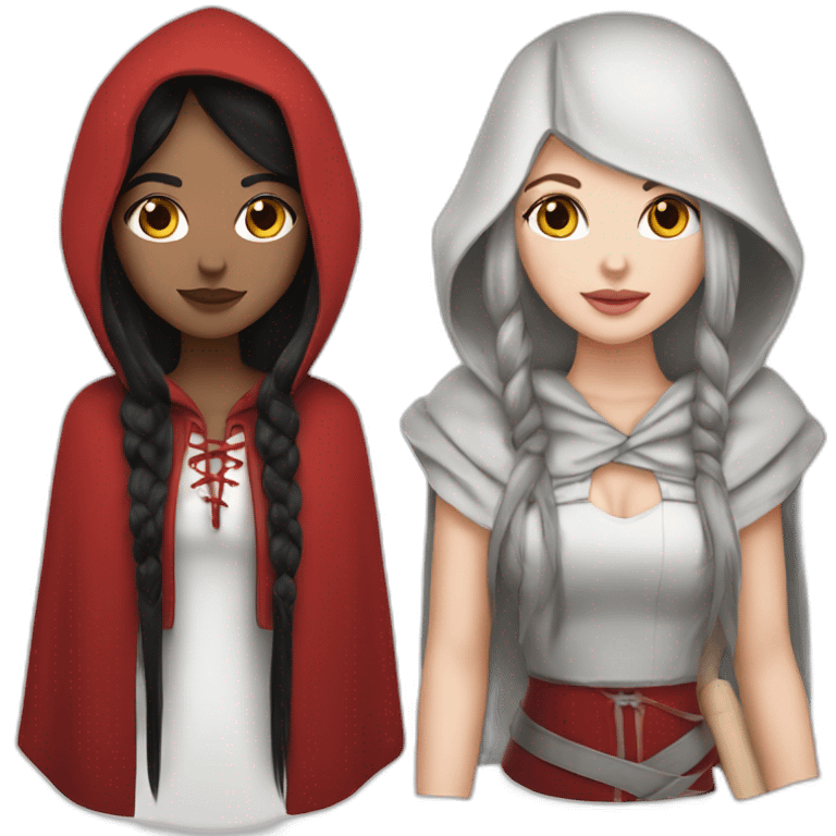 White girl long straight black hair with white streak hair and red ridding hood emoji