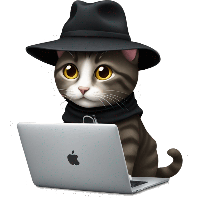 Cat using laptop wearing hat and black coat emoji