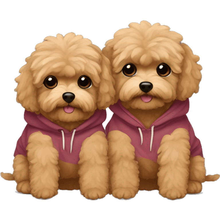 2 brown maltipoo dogs hugging, they are brother and sister wearing matching hoodies emoji