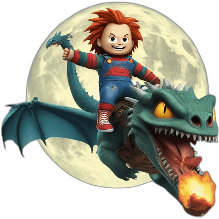 Chucky on a dragon flying to the moon emoji