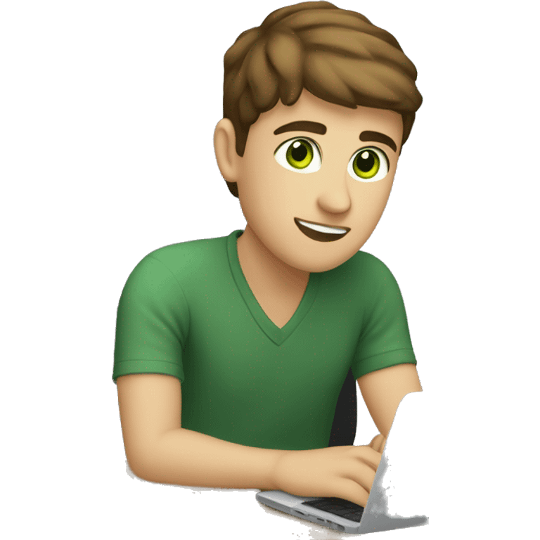 caucassian young man with short brown hair and green eyes working on laptop emoji