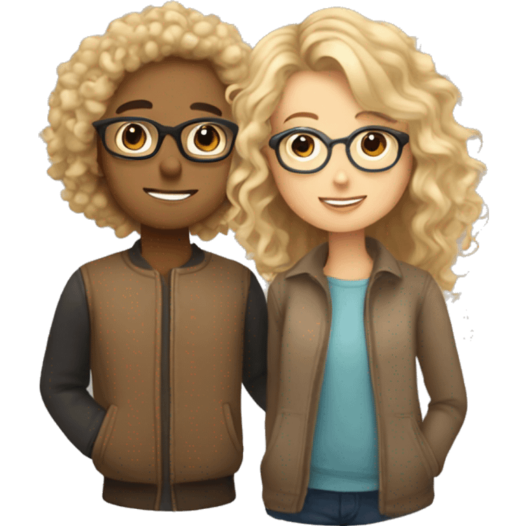 girl with blond hair and glasses that is every pretty kissing a boy with brown hair that is curly and is very cute emoji