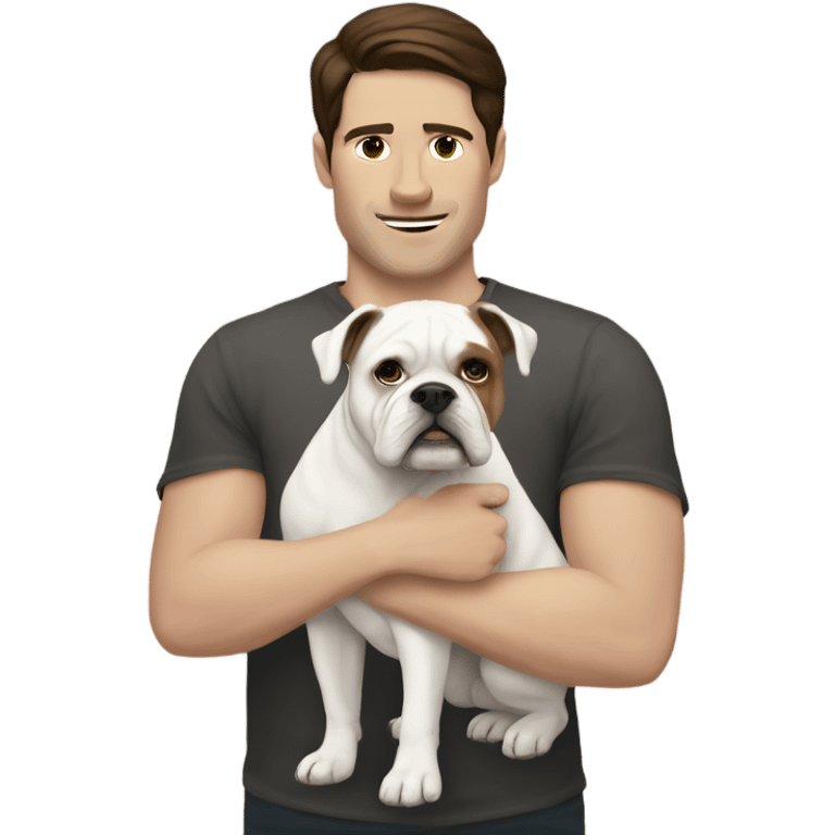 White man with dark brown hair holding white bulldog  emoji