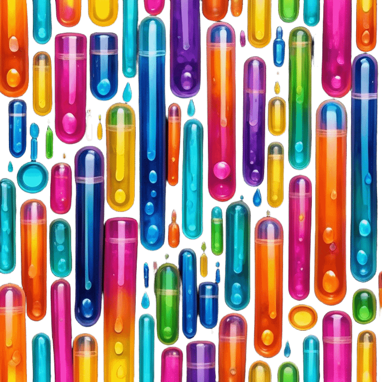 Create an icon that represents decorative arts using epoxy resin in tubes. The design should feature colorful tubes of resin, including fluorescent resin tubes, with visible drops or strokes of resin being applied to create intricate designs. Include examples of finished resin jewelry or decorative pieces, such as pendants, rings, or abstract art. The composition should feel vibrant and artistic, highlighting the creative and glowing nature of resin crafting. The background should be transparent. emoji