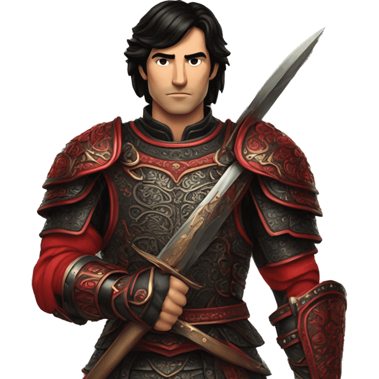 Vintage Tanned man with black hair and stern face wearing red and black armour holding sword vintage intricate patterns emoji