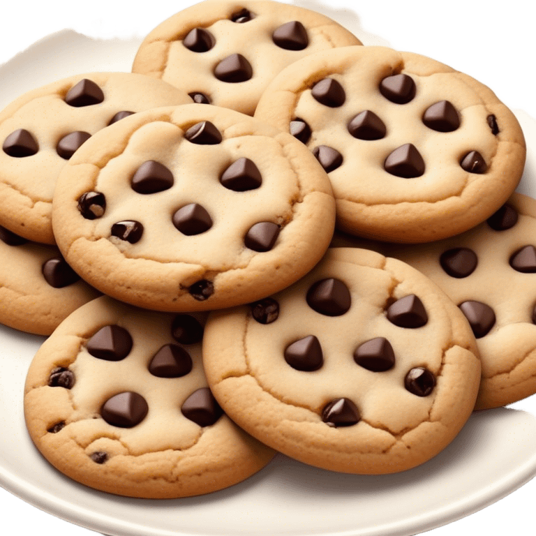 Cinematic Realistic Cookies Dessert Emoji, showcasing a plate of freshly baked cookies with gooey chocolate chips rendered with lifelike textures and warm, homey lighting. emoji