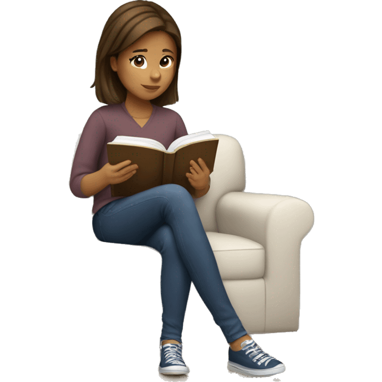 Girl with brown hair sitting on couch reading a book emoji