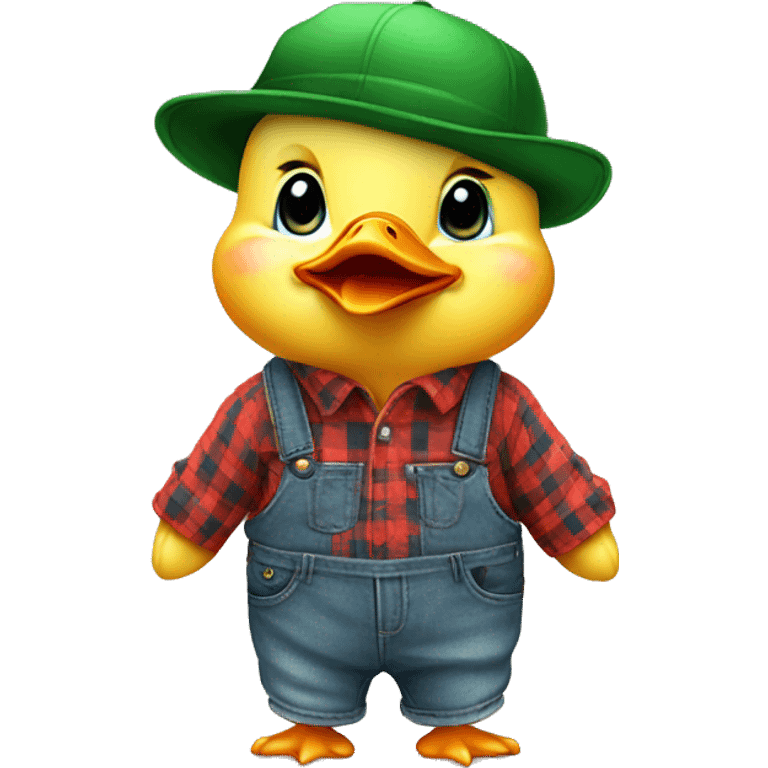 cute fluffy chubby baby duck with hand and wear green hat and red checkered shirt and jeans jumpsuit emoji