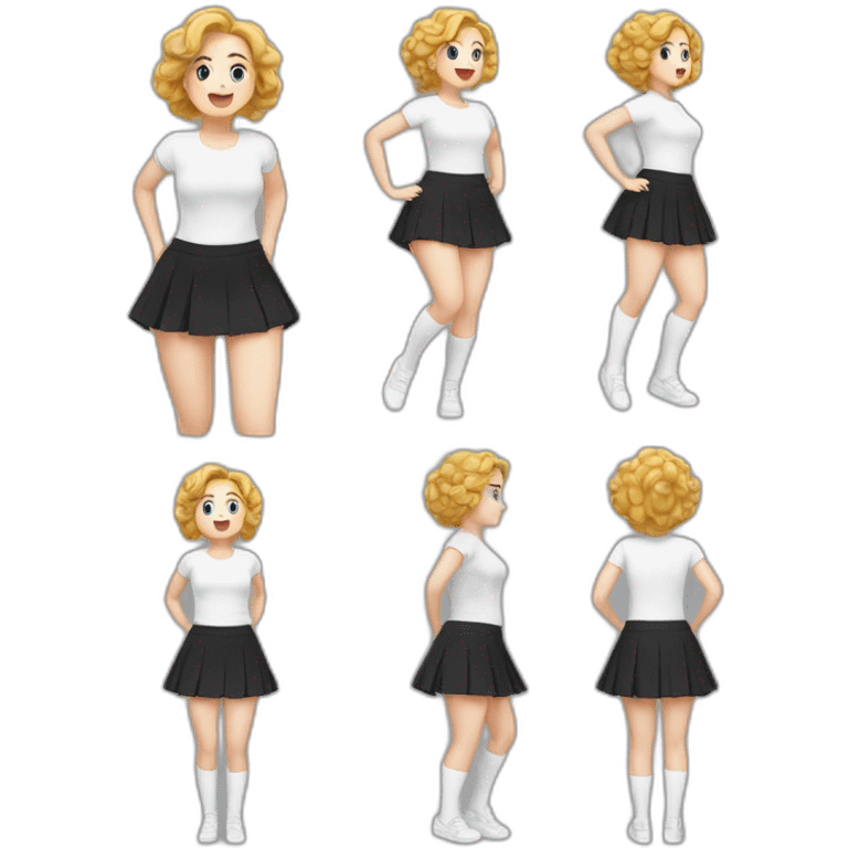 alistic-full-body-caucasian-curvy-beauty-jumping-short black-skirt-back-and-front-views-strong-wind-knickers-long-white-socks emoji