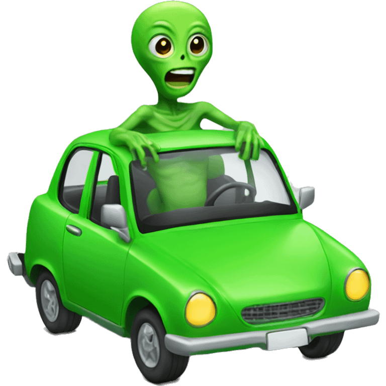 Alien driving bright green car emoji