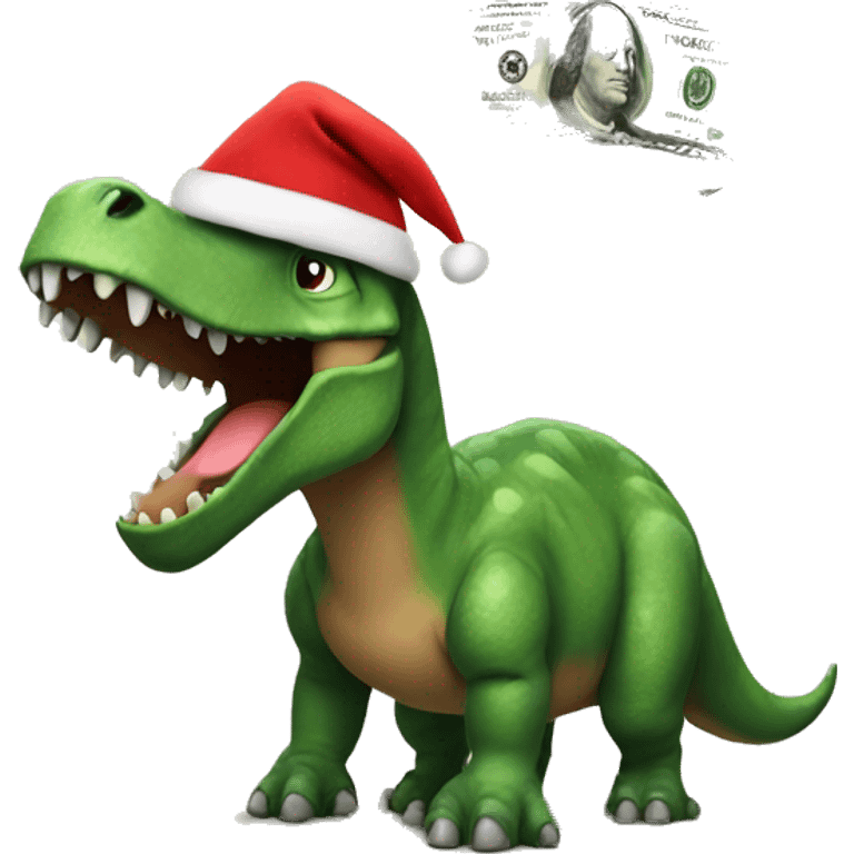 a dinosaur with money and a christmas hat emoji