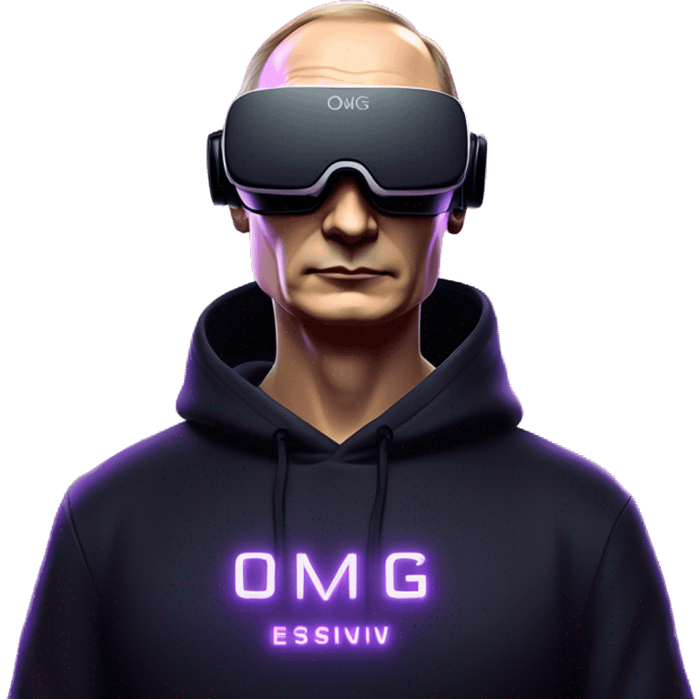 Vladimir Putin wearing a black hoodie with "OMG" letters on it and VR headset oculus quest 2 in a cyberpunk VR environment with violet neon lighting. emoji