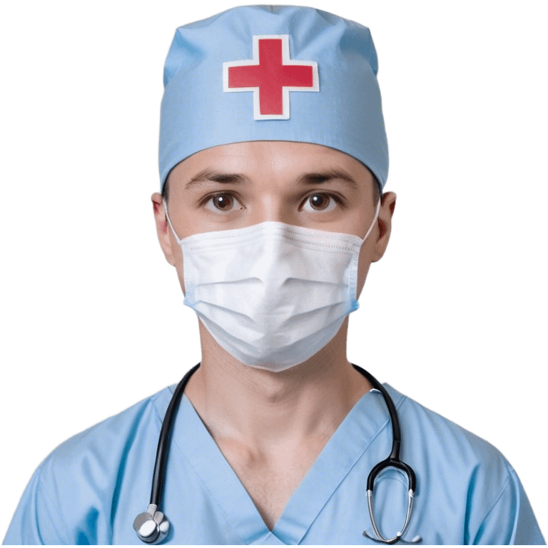 A simple and clean bust of a male surgeon wearing light blue surgical scrubs and a matching surgical cap. A minimalistic white mask covers his mouth and nose, leaving only his focused eyes visible. A small red cross emblem is subtly placed on his chest. A thin, smooth stethoscope drapes around his neck. His expression is calm and professional, reflecting precision and expertise. Behind him, a faint, abstract medical symbol (such as a heartbeat line or a surgical scalpel icon) subtly reinforces the surgical theme. The overall style is modern, sleek, and minimalistic, using smooth lines and soft shading. emoji